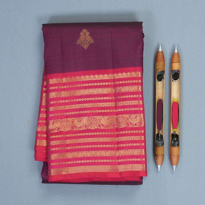 Hayagrivas Handloom Wine Purple Kanjivaram Silk Saree with Pink Border KBF835H7-1