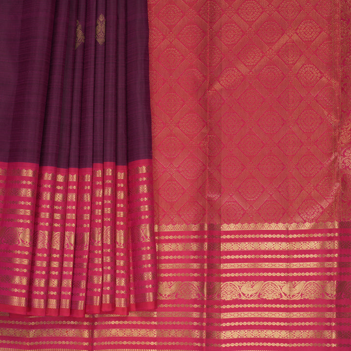Hayagrivas Handloom Wine Purple Kanjivaram Silk Saree with Pink Border KBF835H7-1
