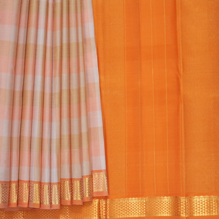 Hayagrivas Handloom Pastel Checks Kanjivaram Silk Saree with Orange Border KBF836H2-2