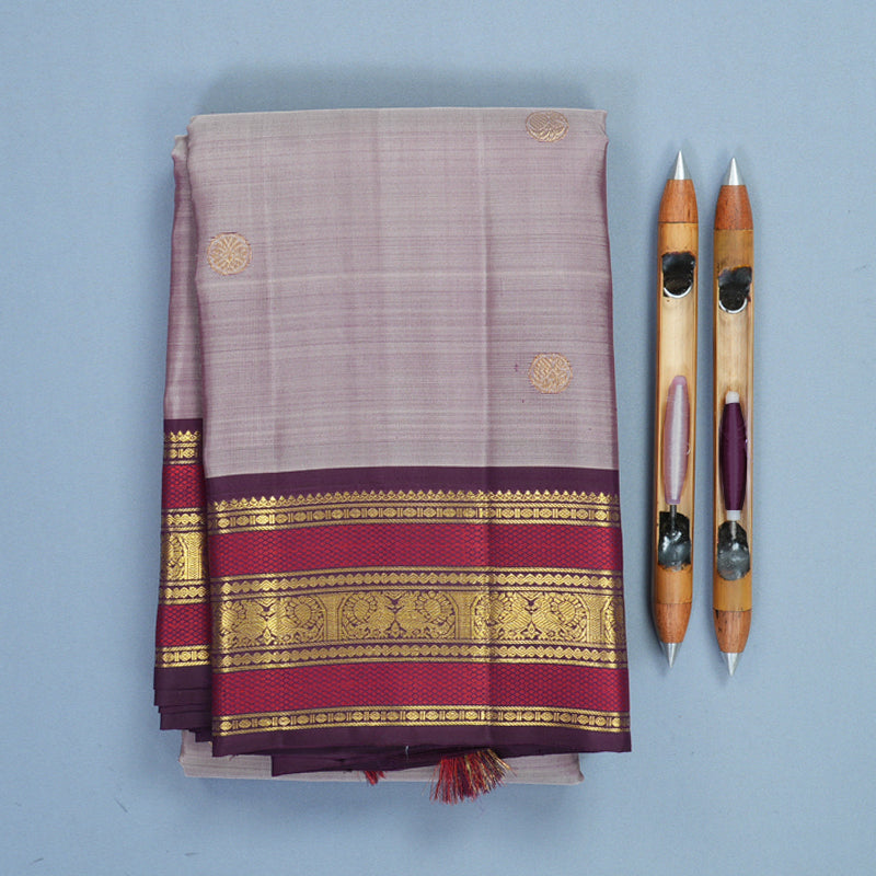 Hayagrivas Handloom Lilac-Grey Kanjivaram Silk Saree with Plum Purple Border KBF836H3-3