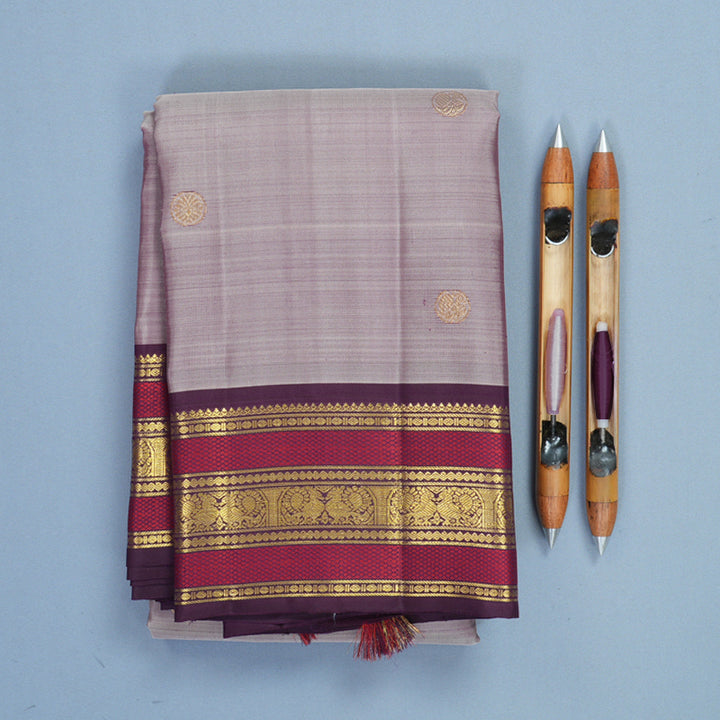Hayagrivas Handloom Lilac-Grey Kanjivaram Silk Saree with Plum Purple Border KBF836H3-3