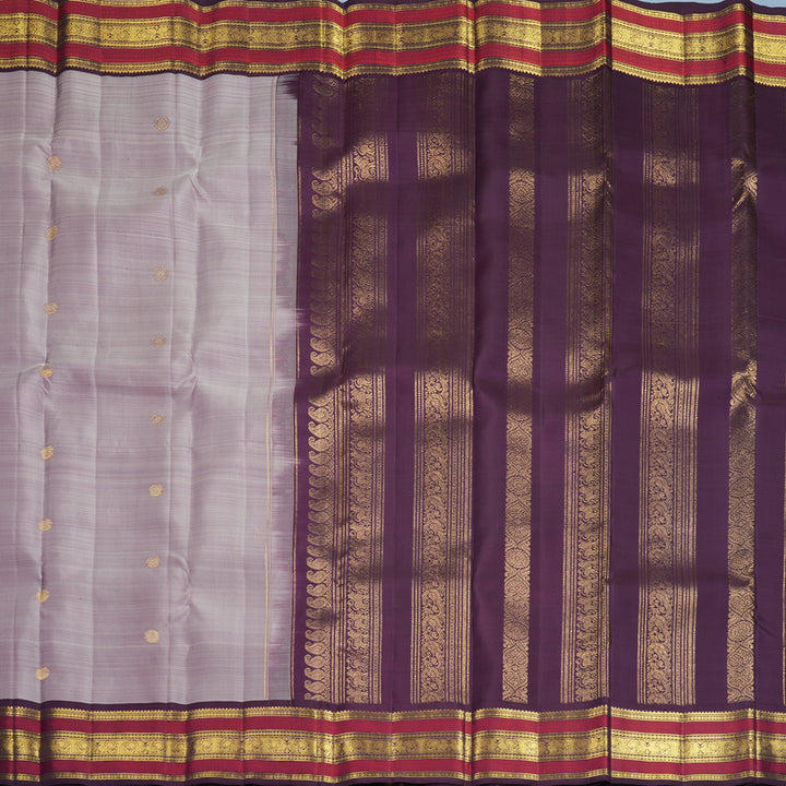 Hayagrivas Handloom Lilac-Grey Kanjivaram Silk Saree with Plum Purple Border KBF836H3-3