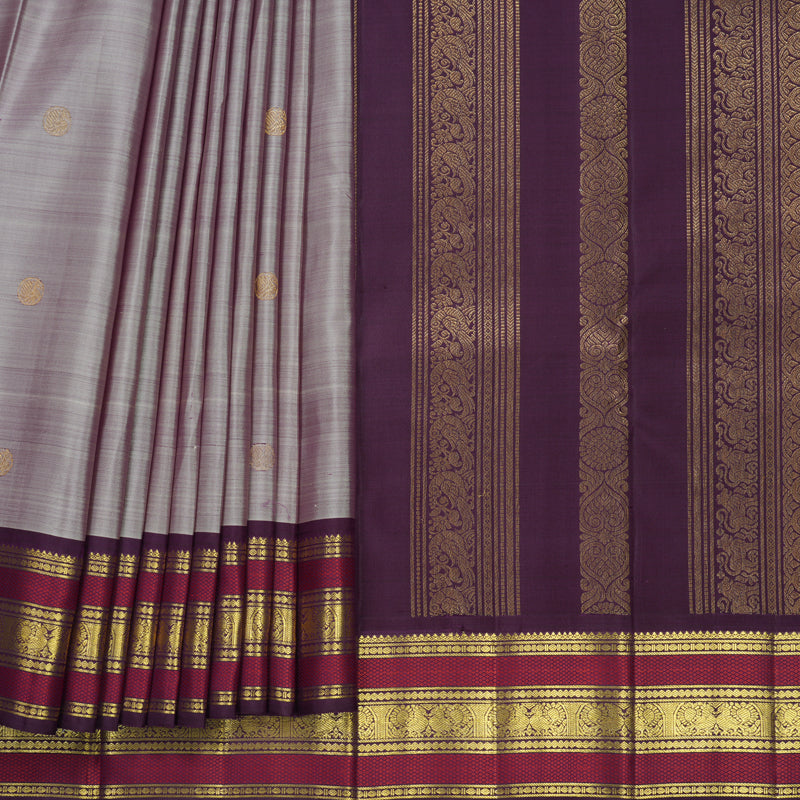 Hayagrivas Handloom Lilac-Grey Kanjivaram Silk Saree with Plum Purple Border KBF836H3-3