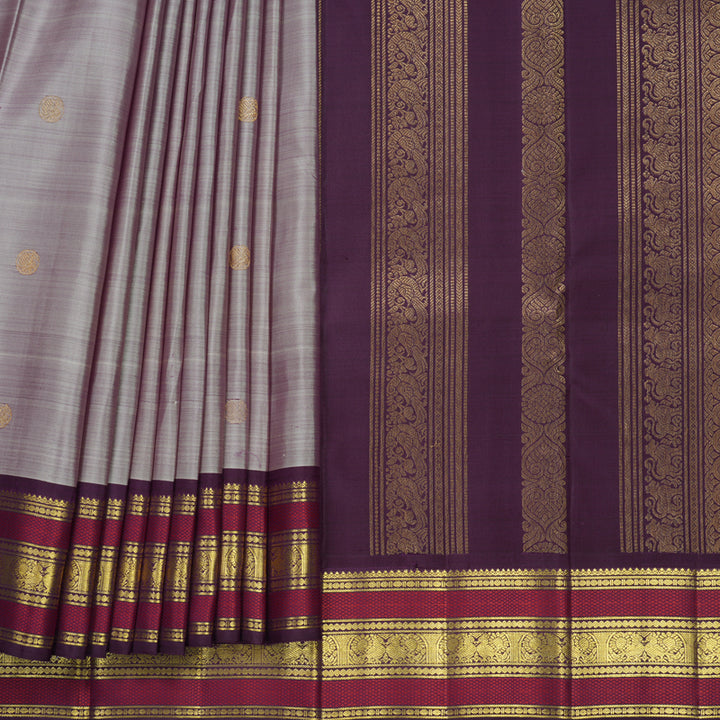Hayagrivas Handloom Lilac-Grey Kanjivaram Silk Saree with Plum Purple Border KBF836H3-3