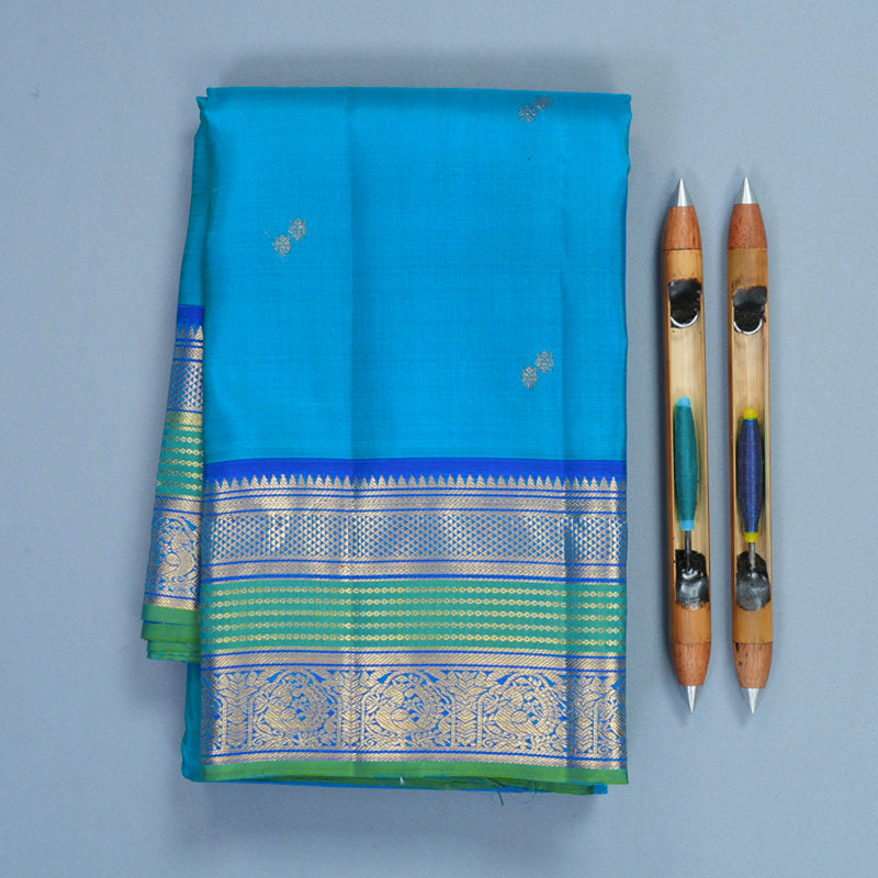 Hayagrivas Handloom Sky Blue Kanjivaram Silk Saree with Sage Green Border KBF836H5-1