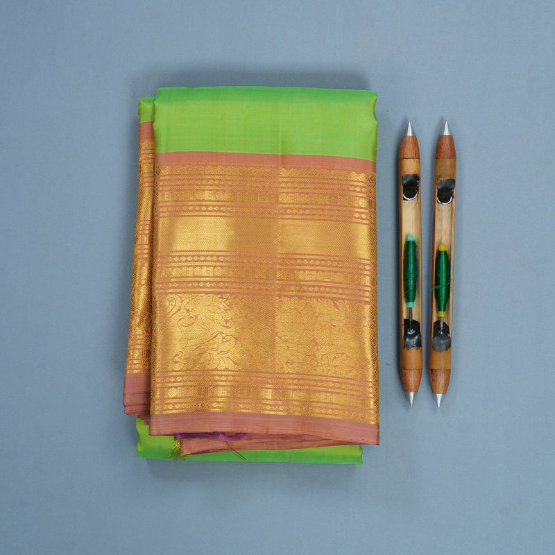 Hayagrivas Handloom Fluorescent Green Kanjivaram Silk Saree with Onion Pink Border KBF836H5-2