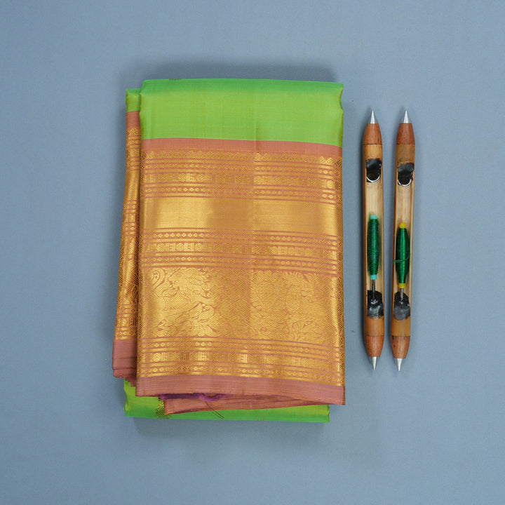 Hayagrivas Handloom Fluorescent Green Kanjivaram Silk Saree with Onion Pink Border KBF836H5-2