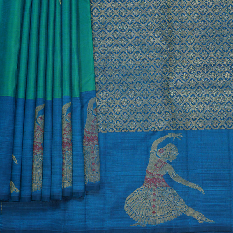 Hayagrivas Handloom Blue-Green Kanjivaram Silk Saree with Peacock Blue Border KBF837H2-3