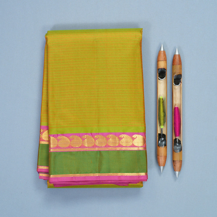 Hayagrivas Handloom Yellowish-Green Kanjivaram Silk Saree with Pink Border KBF838H1-10