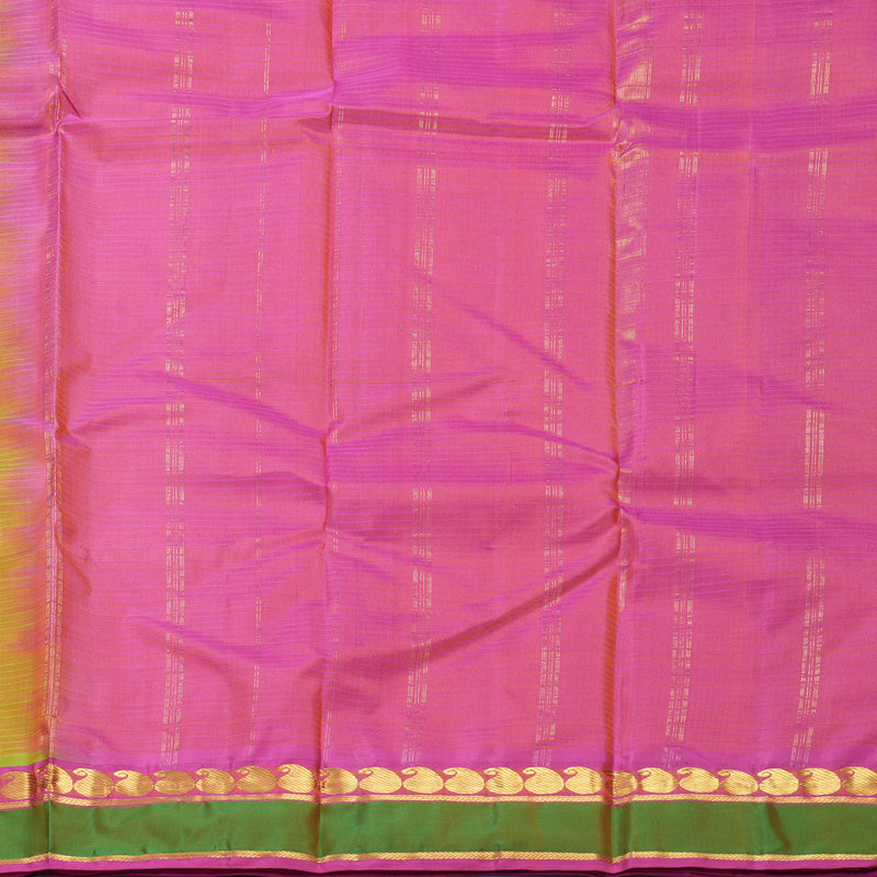 Hayagrivas Handloom Yellowish-Green Kanjivaram Silk Saree with Pink Border KBF838H1-10