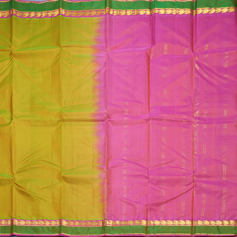 Hayagrivas Handloom Yellowish-Green Kanjivaram Silk Saree with Pink Border KBF838H1-10