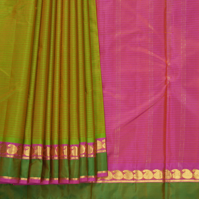 Hayagrivas Handloom Yellowish-Green Kanjivaram Silk Saree with Pink Border KBF838H1-10
