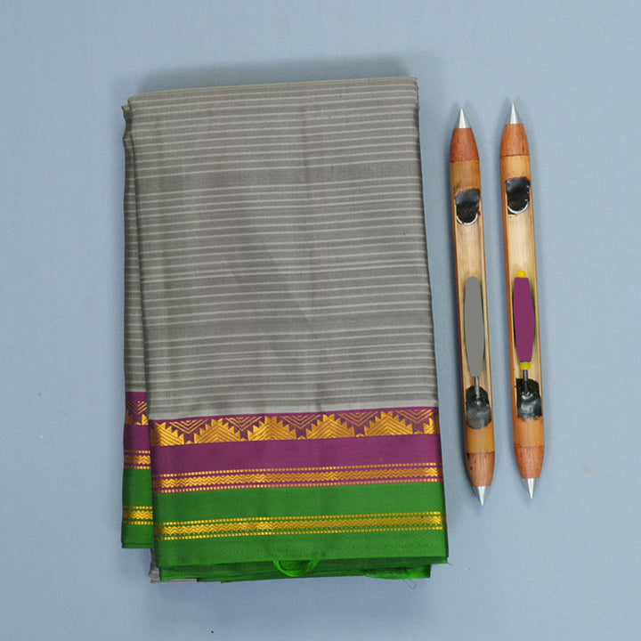 Hayagrivas Handloom Grey Kanjivaram Silk Saree with Purple &amp; Green Border KBF838H1-2