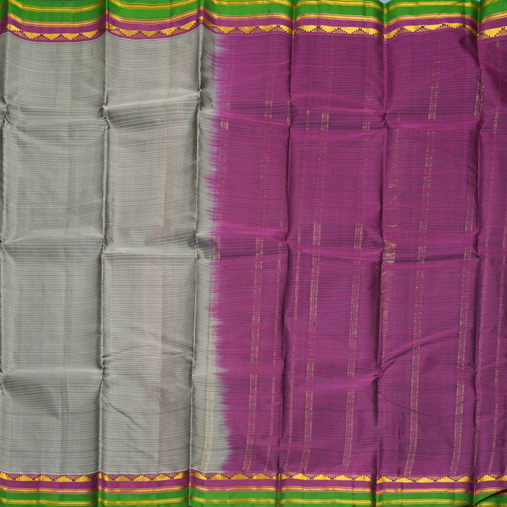 Hayagrivas Handloom Grey Kanjivaram Silk Saree with Purple &amp; Green Border KBF838H1-2
