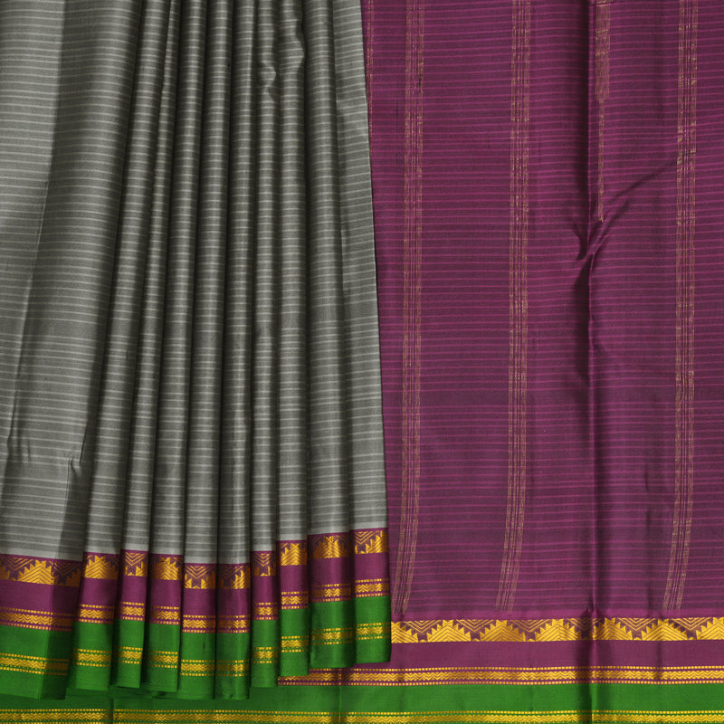 Hayagrivas Handloom Grey Kanjivaram Silk Saree with Purple &amp; Green Border KBF838H1-2