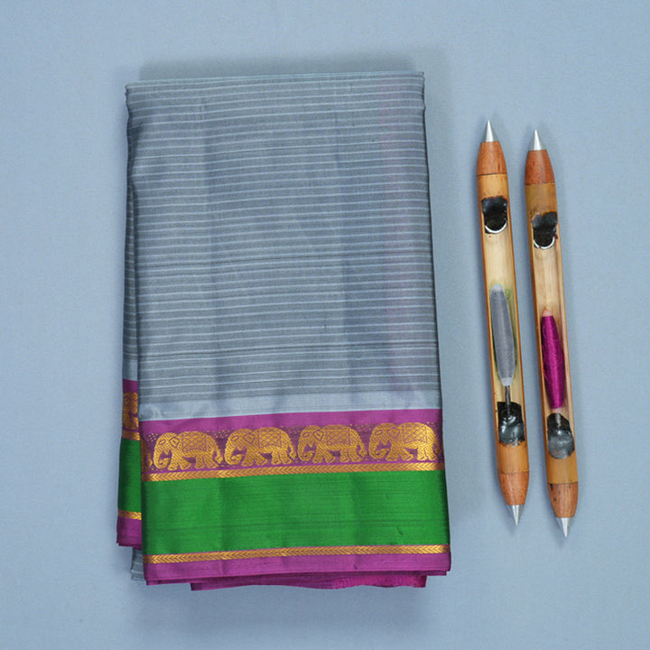 Hayagrivas Handloom Grey Kanjivaram Silk Saree with Green Border KBF838H1-6