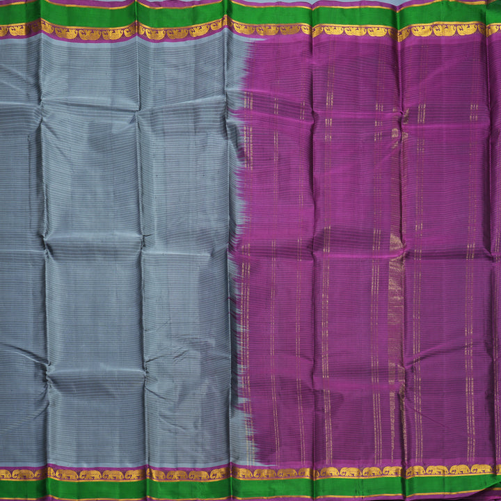 Hayagrivas Handloom Grey Kanjivaram Silk Saree with Green Border KBF838H1-6