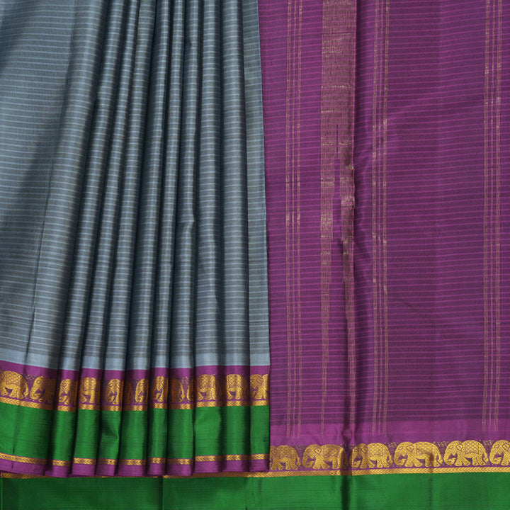 Hayagrivas Handloom Grey Kanjivaram Silk Saree with Green Border KBF838H1-6