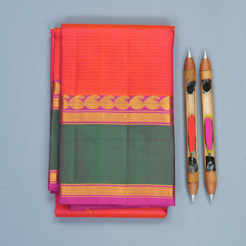 Hayagrivas Handloom Orangish-Pink Kanjivaram Silk Saree with Mayilkazhuthu Border KBF838H2-1