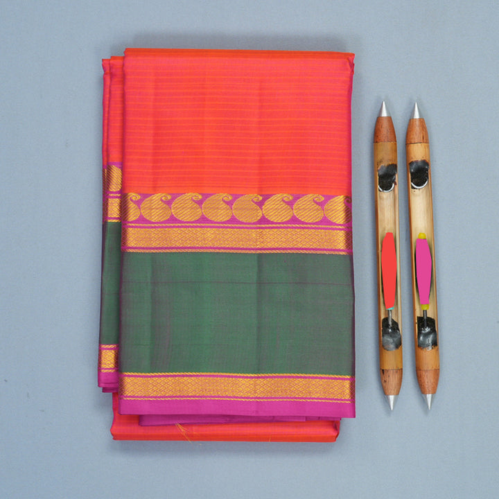 Hayagrivas Handloom Orangish-Pink Kanjivaram Silk Saree with Mayilkazhuthu Border KBF838H2-1