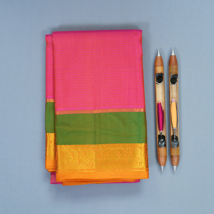 Hayagrivas Handloom Pink Kanjivaram Silk Saree with Green &amp; Orange Border KBF838H2-7