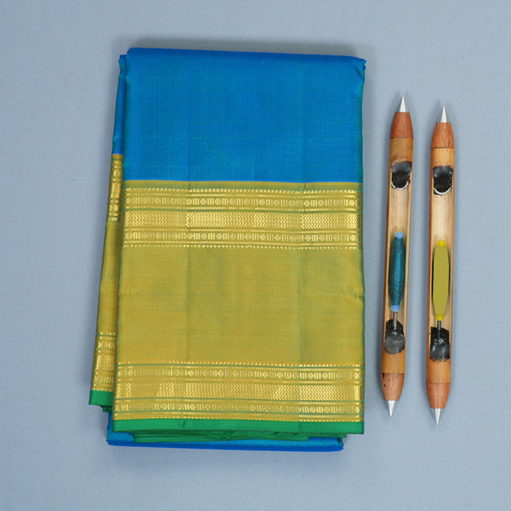 Hayagrivas Handloom Sky Blue Kanjivaram Silk Saree with Leaf Green Border KBF838H5-1