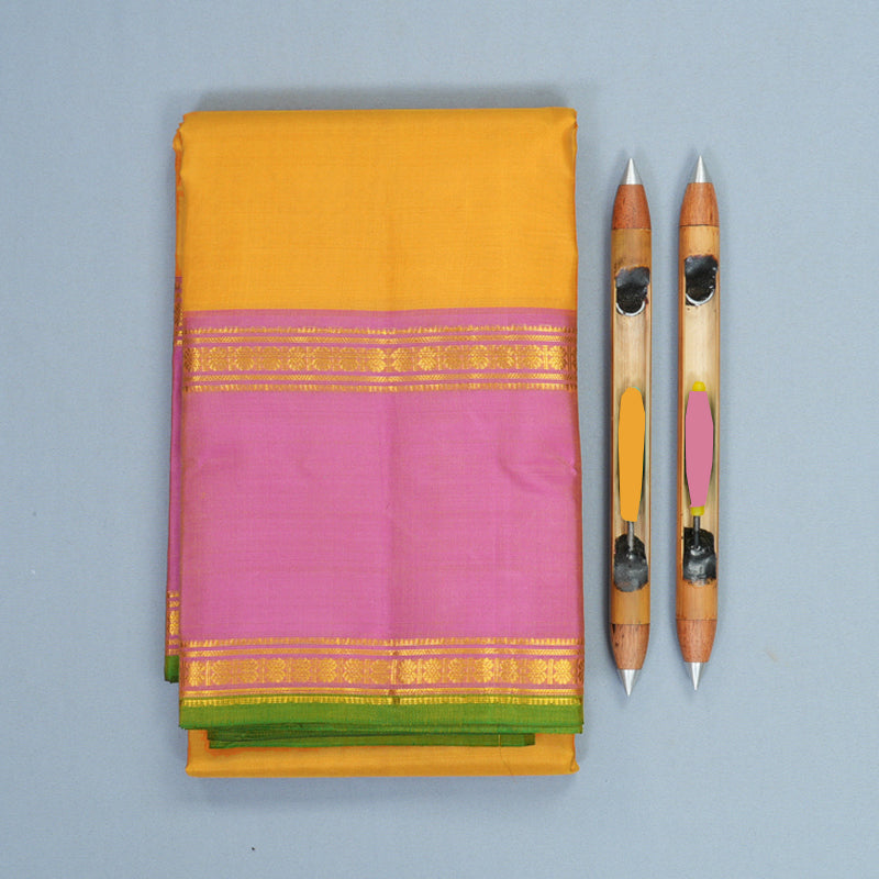 Hayagrivas Handloom Mustard Yellow Kanjivaram Silk Saree with Pink Border KBF838H5-3