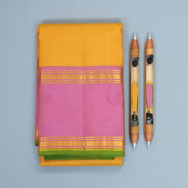 Hayagrivas Handloom Mustard Yellow Kanjivaram Silk Saree with Pink Border KBF838H5-3