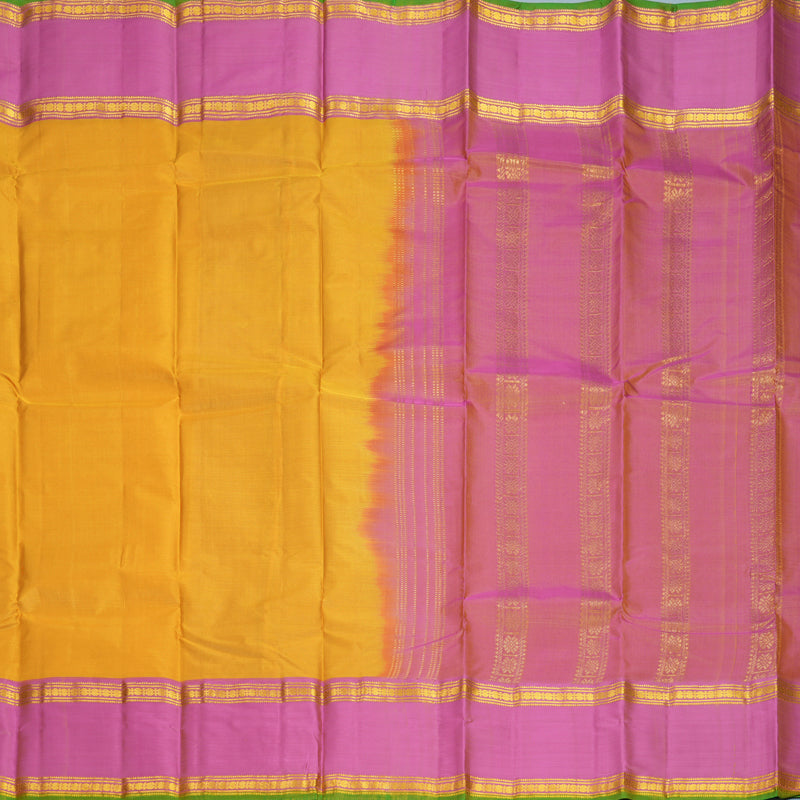 Hayagrivas Handloom Mustard Yellow Kanjivaram Silk Saree with Pink Border KBF838H5-3
