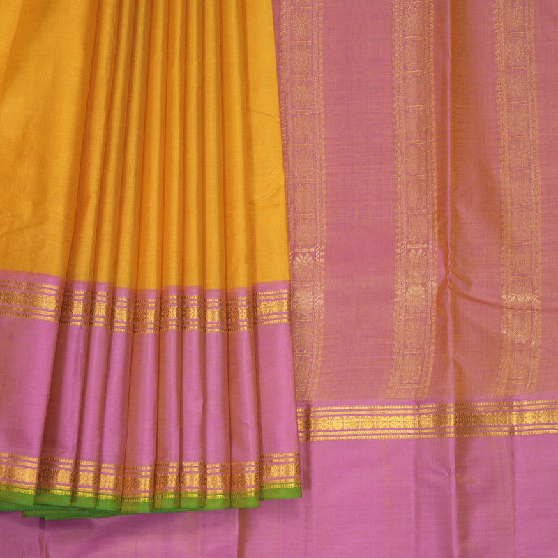 Hayagrivas Handloom Mustard Yellow Kanjivaram Silk Saree with Pink Border KBF838H5-3
