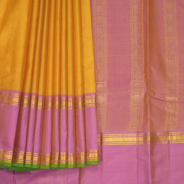 Hayagrivas Handloom Mustard Yellow Kanjivaram Silk Saree with Pink Border KBF838H5-3