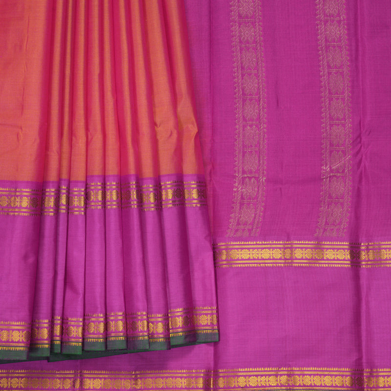 Hayagrivas Handloom Orangish-Pink Kanjivaram Silk Saree with Magenta-Pink Border KBF838H5-4