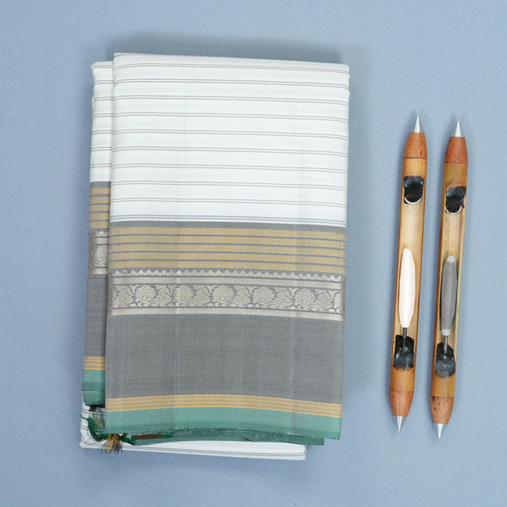 Hayagrivas Handloom White Kanjivaram Silk Saree with Grey Border KBF839H2-1