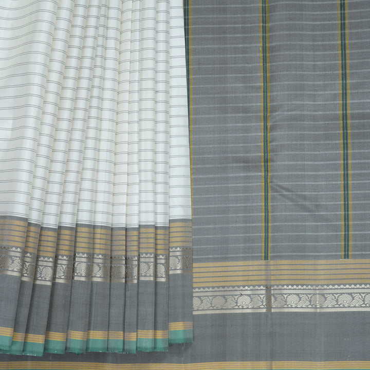 Hayagrivas Handloom White Kanjivaram Silk Saree with Grey Border KBF839H2-1