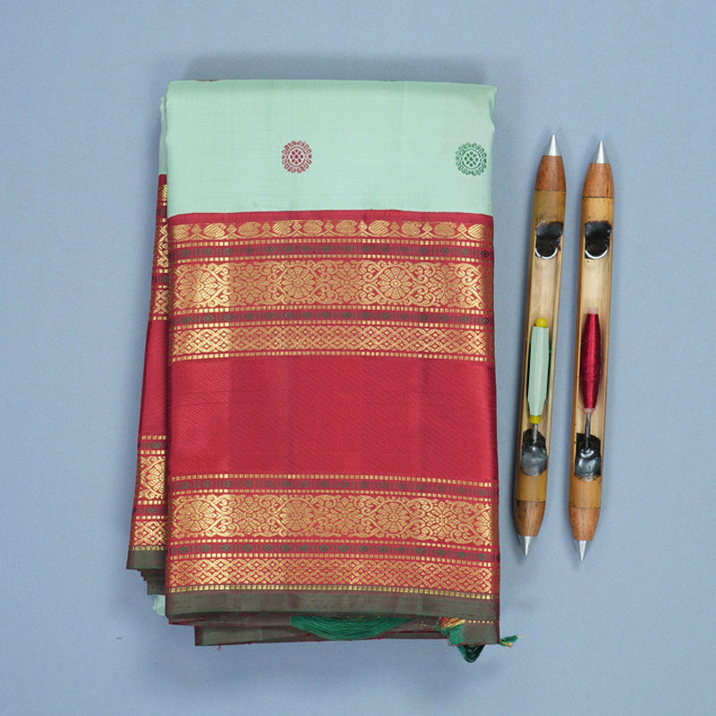 Hayagrivas Handloom Pastel Green Kanjivaram Silk Saree with Red Border KBF840H10-1