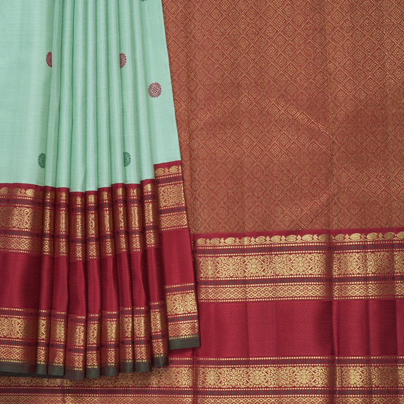 Hayagrivas Handloom Pastel Green Kanjivaram Silk Saree with Red Border KBF840H10-1