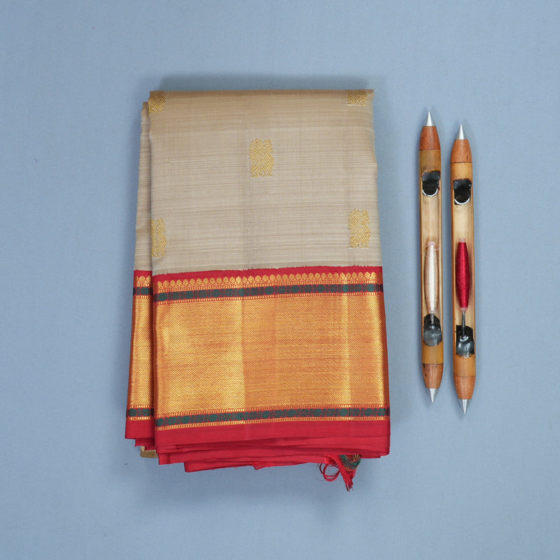 Hayagrivas Handloom Greige Kanjivaram Silk Saree with Red Border KBF840H11-1