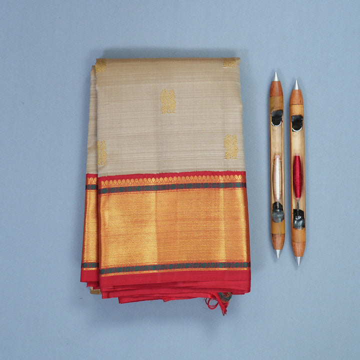 Hayagrivas Handloom Greige Kanjivaram Silk Saree with Red Border KBF840H11-1