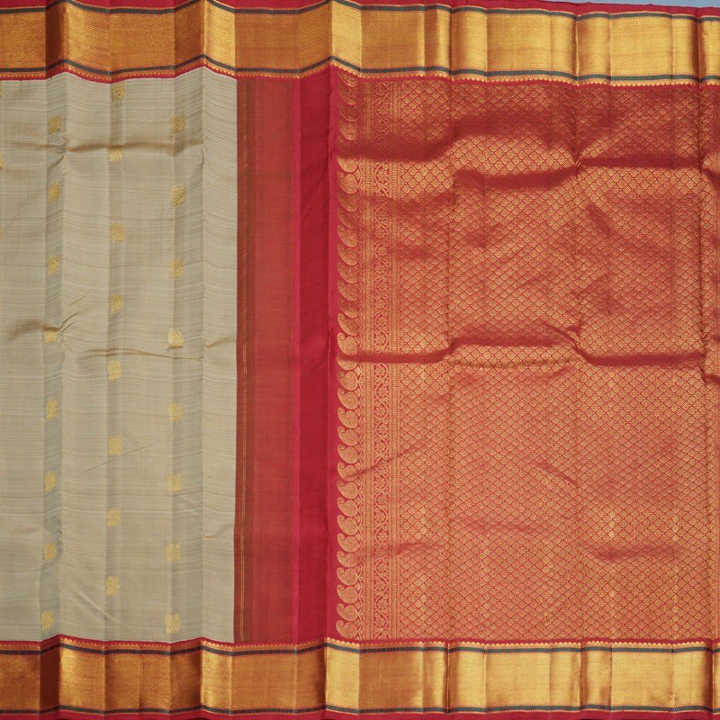 Hayagrivas Handloom Greige Kanjivaram Silk Saree with Red Border KBF840H11-1