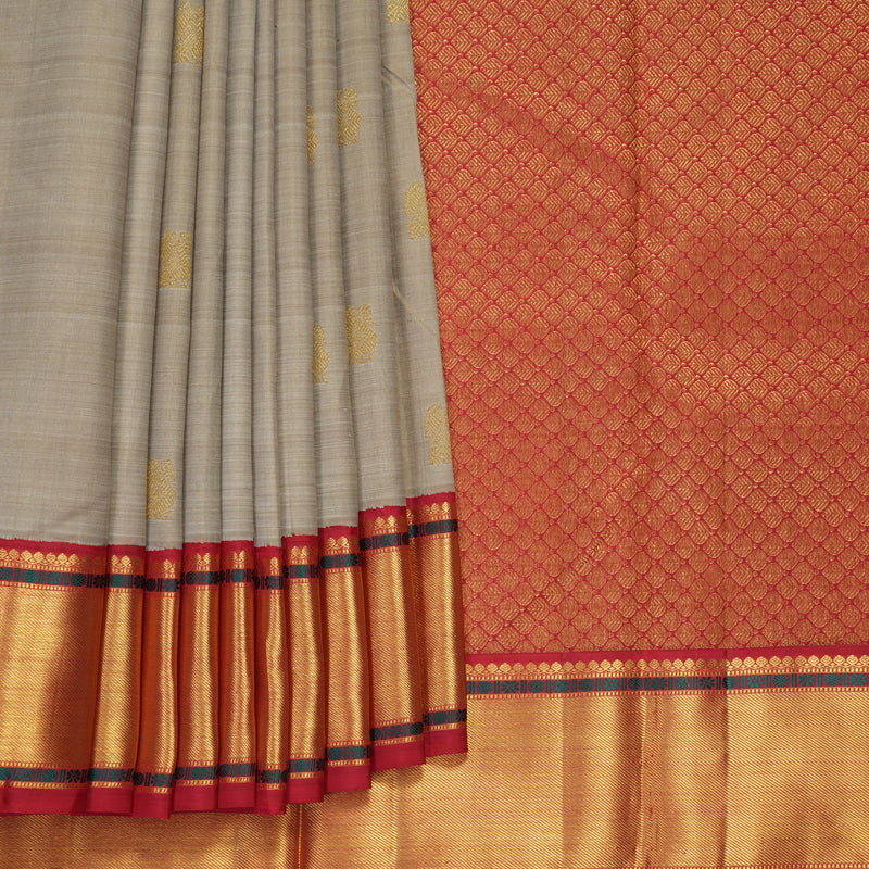 Hayagrivas Handloom Greige Kanjivaram Silk Saree with Red Border KBF840H11-1