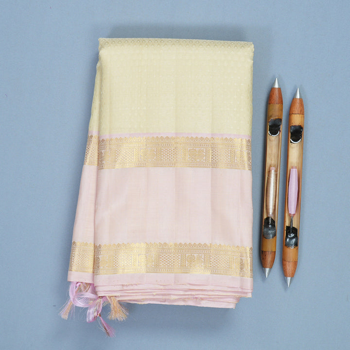 Hayagrivas Handloom Half-White Kanjivaram Silk Saree with Pastel Pink Border KBF840H6-1