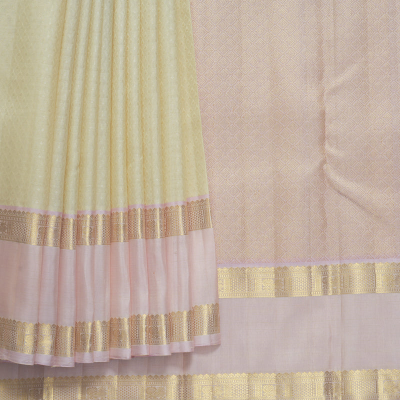 Hayagrivas Handloom Half-White Kanjivaram Silk Saree with Pastel Pink Border KBF840H6-1