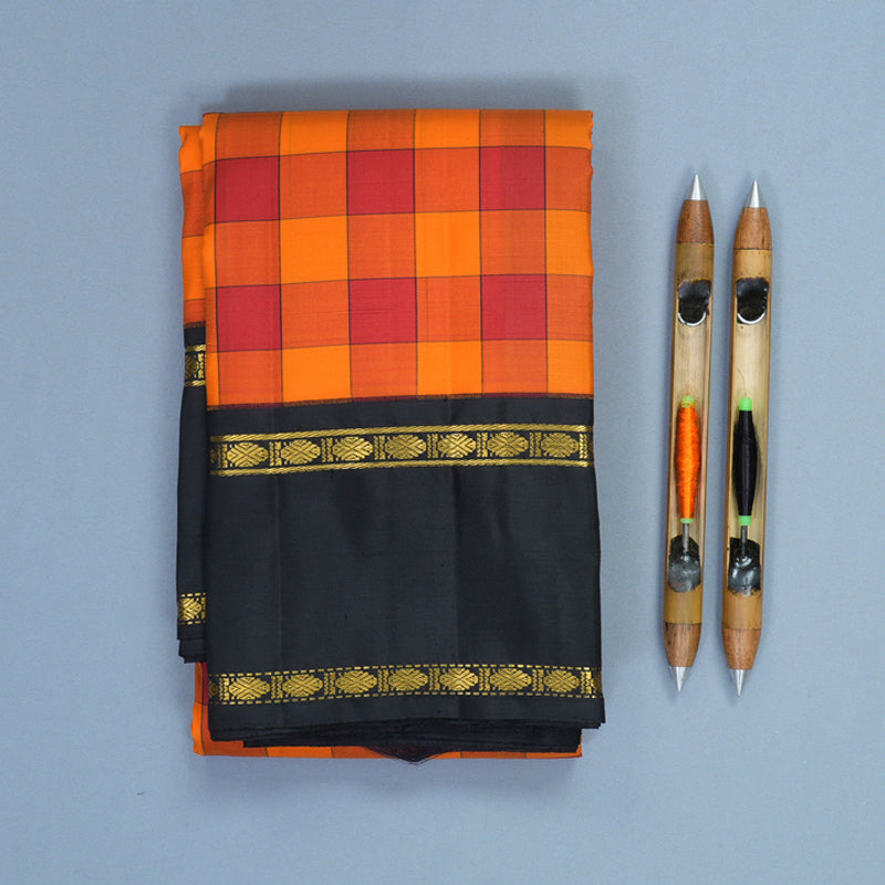 Hayagrivas Handloom Red &amp; Orange Checks Kanjivaram Silk Saree with Black Border KBF840H7-1