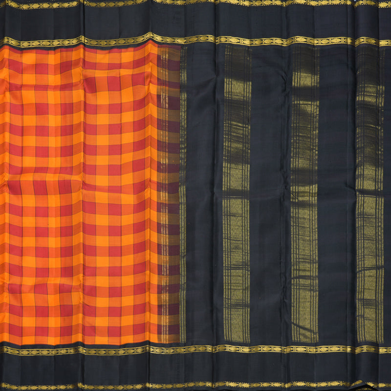 Hayagrivas Handloom Red &amp; Orange Checks Kanjivaram Silk Saree with Black Border KBF840H7-1