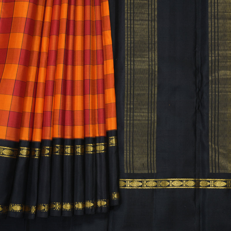 Hayagrivas Handloom Red &amp; Orange Checks Kanjivaram Silk Saree with Black Border KBF840H7-1