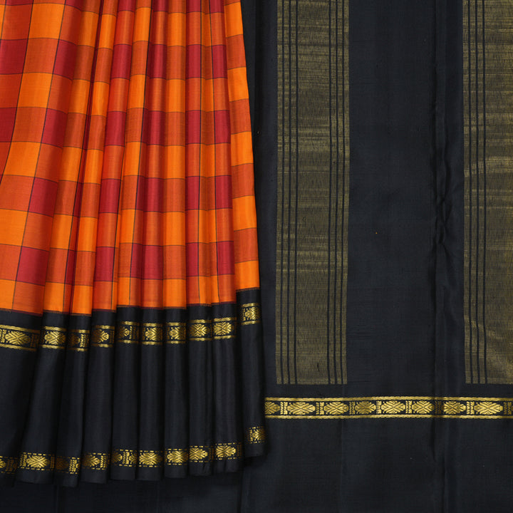 Hayagrivas Handloom Red &amp; Orange Checks Kanjivaram Silk Saree with Black Border KBF840H7-1