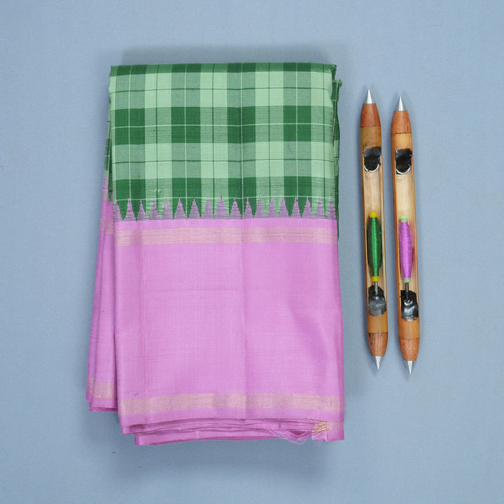 Hayagrivas Handloom Green Checks Kanjivaram Silk Saree with Lavender-Pink Border KBF840H8-1