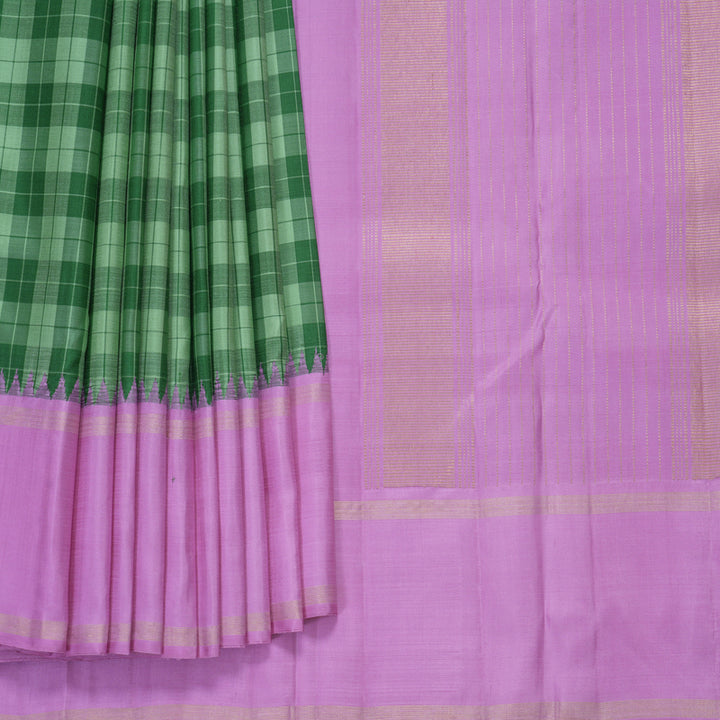 Hayagrivas Handloom Green Checks Kanjivaram Silk Saree with Lavender-Pink Border KBF840H8-1