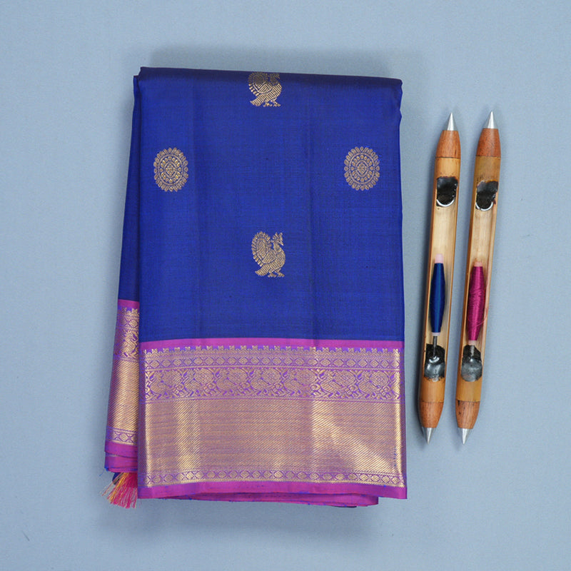Hayagrivas Handloom Ink Blue Kanjivaram Silk Saree with Purple Border KBF851H2-1