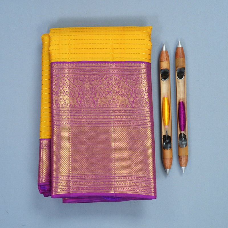 Hayagrivas Handloom Yellow Kanjivaram Silk Saree with Purple Border KBF855H2-1